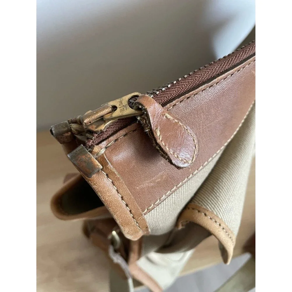 Brahmin x Sperry canvas vintage messenger laptop bag beige brown leather trim